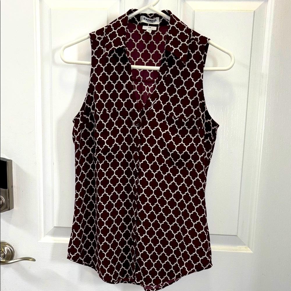 Express Sleeveless Burgundy and White Patterned Top XS